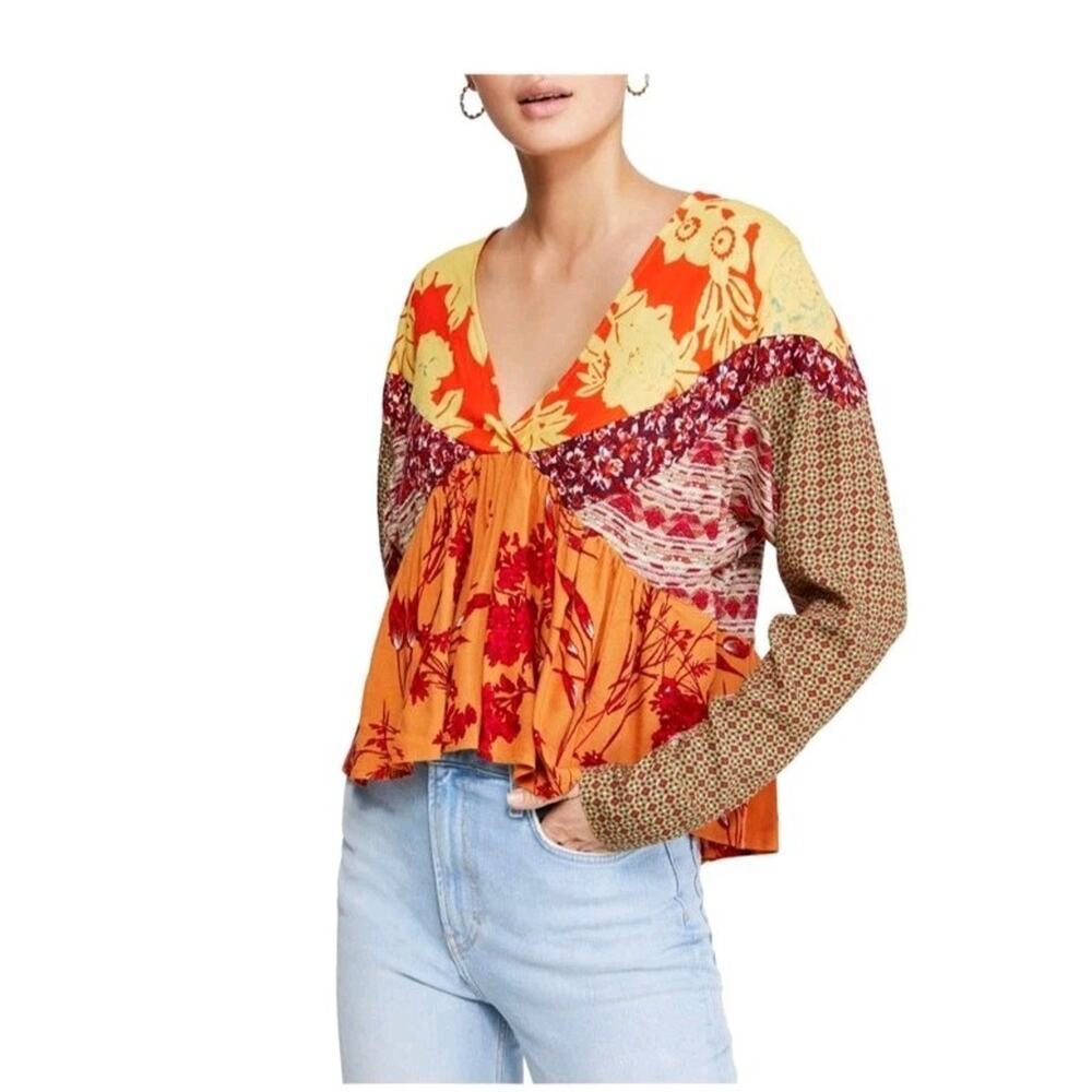 Free People Babydoll Boho Top SZ S Aloha State of Mind Patchwork Festival Hippie